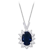 Pendentif en Or Blanc 10k avec Saphir Véritable et Diamants avec Chaine - 16