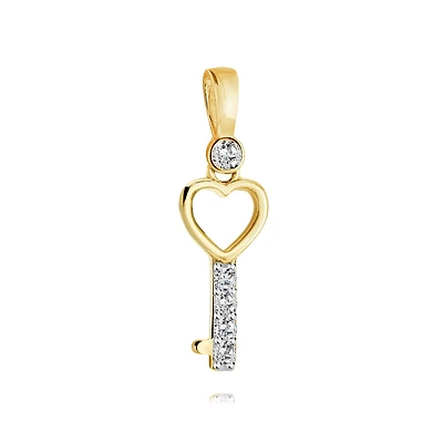Key heart pendant in 10K yellow gold with cubic zirconia - 12x5mm. Color: yellow | Doucet Latendresse
