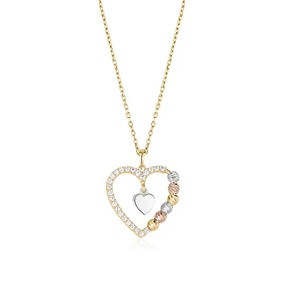 Pendentif en forme de coeur pour femme - 3 tones Or 10K & zircon cubique - chaine 18