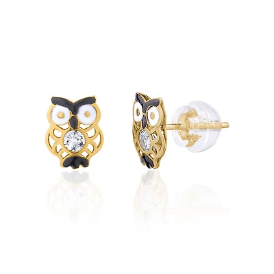 Owl earrings - 10K yellow gold & enamel and cubic zirconia. Color: yellow | Doucet Latendresse