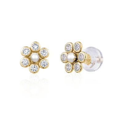 Flower-shaped earrings with pearl in 10K yellow Gold. Color: yellow | Doucet Latendresse