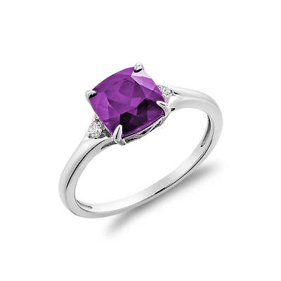 Synthetic amethyst ring with 5 diamond points - 10K white gold. Color: white | Doucet Latendresse