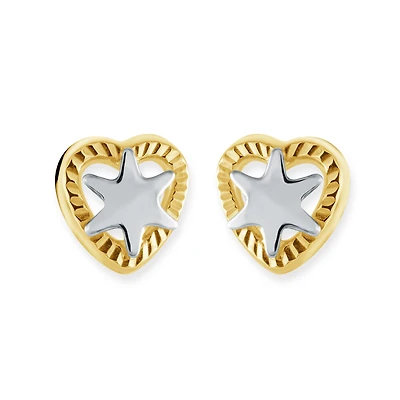 Heart earrings with star - 10K yellow and white Gold. Color: 2 tone | Doucet Latendresse