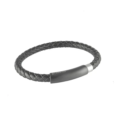 Matte black leather and stainless steel bracelet 8.5'' for men. Color: black | Doucet Latendresse