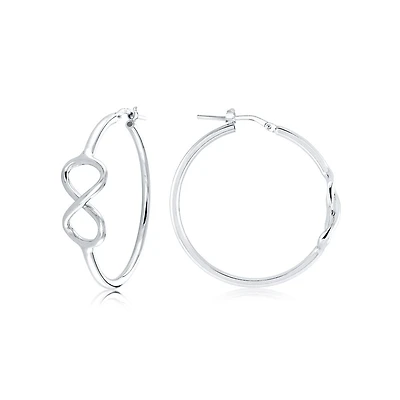 Boucles d’oreilles anneaux avec symbole infini pour femme - Argent Sterling, plaqué rhodium. Color: blanc | Doucet Latendresse
