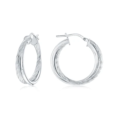 Boucles d'oreilles anneaux double avec motifs pour femme - Argent sterling,plaqué rhodium. Color: blanc | Doucet Latendresse