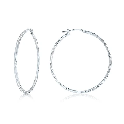Hoop earrings for women - Sterling silver, Rhodium plated - 40mm. Color: white | Doucet Latendresse