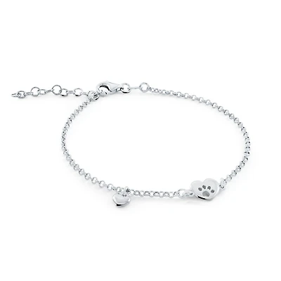 .925 Sterling Silver Bracelet with small Heart and Dog Paw Symbol.. Color: white | Doucet Latendresse