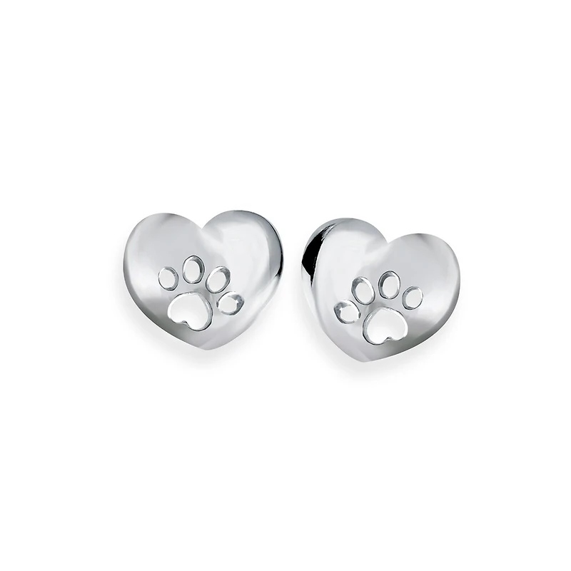 Boucles d'Oreilles avec Coeur et un Symbole de Patte de Chien en Argent Sterling. Color: blanc | Doucet Latendresse