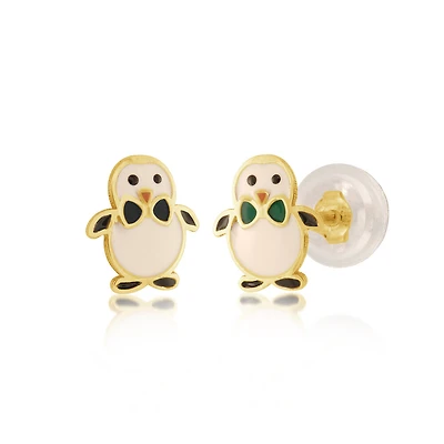 10K gold earrings, penguin shape, enamel multicolor. Color: yellow | Doucet Latendresse
