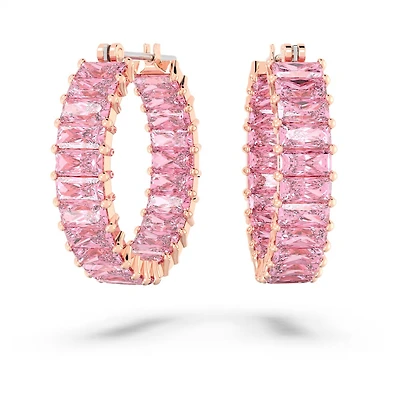 Matrix Hoop Earrings in Rose Gold Plated Metal with Pink Swarovski Crystals - 2.2 x 2.1 cm. Color: pink | Doucet Latendresse