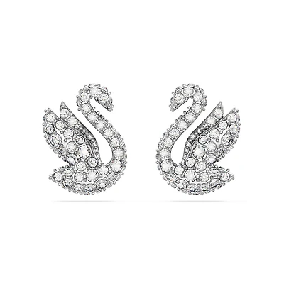 Clou d'Oreilles Swan en Métal Rhodié avec Cristaux Swarovski - 1.2 x 1 cm. Color: blanc | Doucet Latendresse