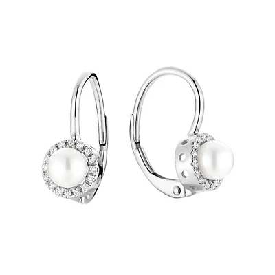 Boucles d'Oreilles Perles - Or Blanc 10k & Diamants. Color: blanc | Doucet Latendresse