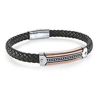 Men's Braided Leather Bracelet with Steel and Rose-Tone Accents. Color: 2 tons | Doucet Latendresse