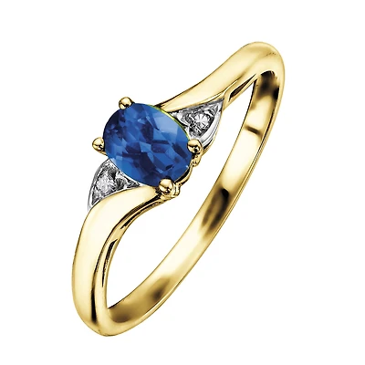 Genuine blue sapphire oval women's ring 10k Gold & Diamonds. Color: yellow | Doucet Latendresse