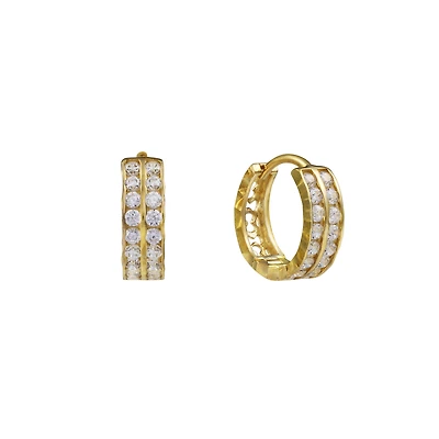 Boucles d'Oreilles pour femme à deux rangés  Or-10k & Zircon -blanc11mm. Color: jaune | Doucet Latendresse