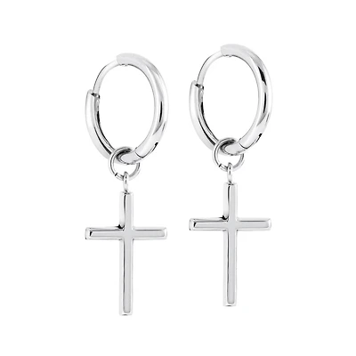 Women's white steel dangling cross earrings. Color: silver | Doucet Latendresse