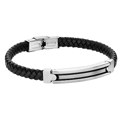Men's Bracelet Steel Black Leather & Identity Plate. Color: black | Doucet Latendresse