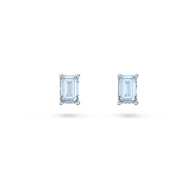 Stilla Stud Earrings in Rhodium Plated Metal with Square cut Blue Swarovski Crystal - 6mm. Color: white | Doucet Latendresse