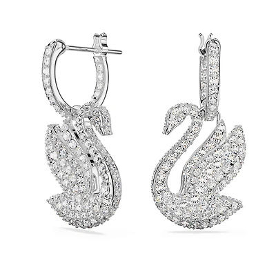 Boucles d'Oreilles Swan en Métal Rhodié avec Cristaux Swarovski - 38mm. Color: blanc | Doucet Latendresse