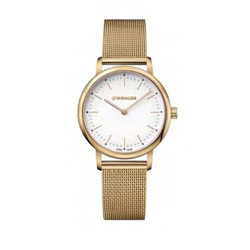 Montre pour dames avec cadran blanc-argenté et bracelet en or | Doucet Latendresse