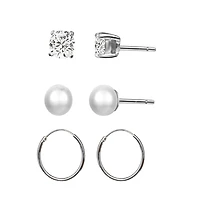 Trio boucles d'reille pour femme.925+cz, perle véritable. Color: blanc | Doucet Latendresse