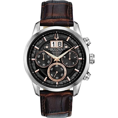 Bulova Watch Sutton with Leather Bracelet and Stainless Steel Case - 44mm | Doucet Latendresse
