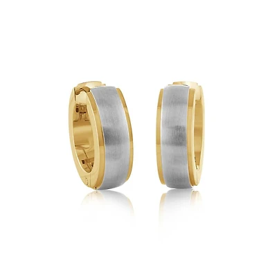 Gold Tone Stainless Steel Huggies with Matte Silver Center. Color: 2 tone | Doucet Latendresse