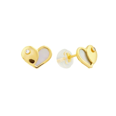 Boucles d'oreilles stud, en or 10k  coeur cz &  nacre. Color: jaune | Doucet Latendresse