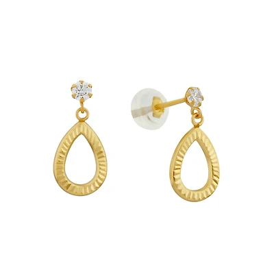 10k Gold & Cubic Zirconia , Diamond Cut ,Stud Pendant Earrings - 15mm x 7mm. Color: yellow | Doucet Latendresse