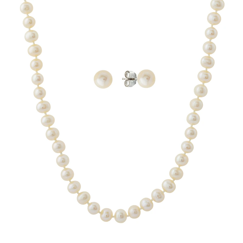 Ensemble Perles d'Eau Douce Boucles d'oreilles Collier en argent - 6-6.5mm | Doucet Latendresse