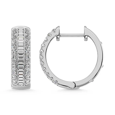 Boucles d'Oreilles huggies Femme Diamants cultivés en Laboratoire  taille ronde et baguette en or blanc 10k& diamants | Doucet Latendresse
