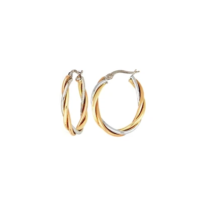 Boucles d'oreilles anneaux torsades Femme, tricolore en Or 10k. Color: 3 tons | Doucet Latendresse