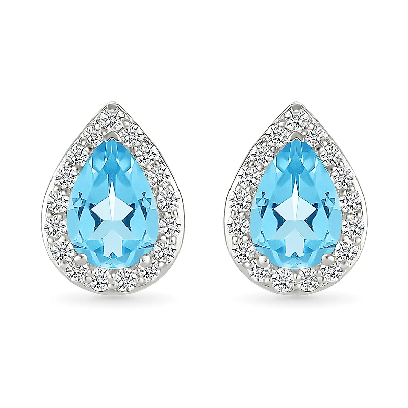 Sterling Silver Pear-Shaped Blue Topaz Stud Earrings with Diamond Halo | Doucet Latendresse