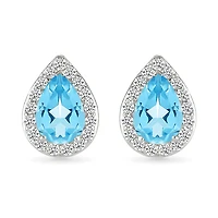 Sterling Silver Pear-Shaped Blue Topaz Stud Earrings with Diamond Halo | Doucet Latendresse