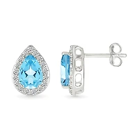 Boucles d’Oreilles Clous en Argent Sterling avec Topazes Bleues en Goutte et Halo de Diamants | Doucet Latendresse