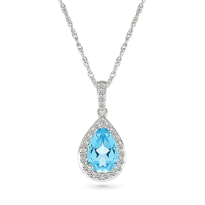 Collier avec Pendentif Goutte en Topaze Bleue et Halo de Diamants en Argent Sterling. Color: blanc | Doucet Latendresse
