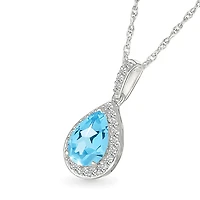 Collier avec Pendentif Goutte en Topaze Bleue et Halo de Diamants en Argent Sterling. Color: blanc | Doucet Latendresse