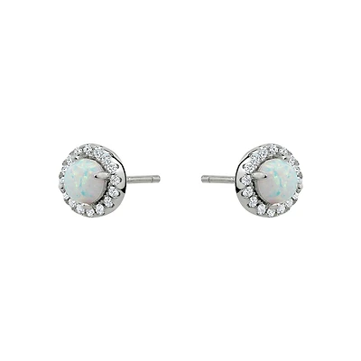 Sterling Silver Opal and Cubic Zirconia Halo Stud Earrings. Color: silver | Doucet Latendresse