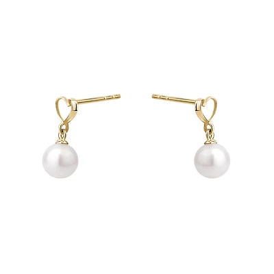 Boucles d’Oreilles Pendantes en Or 10K avec Cœur et Perles d’Eau Douce. Color: jaune | Doucet Latendresse