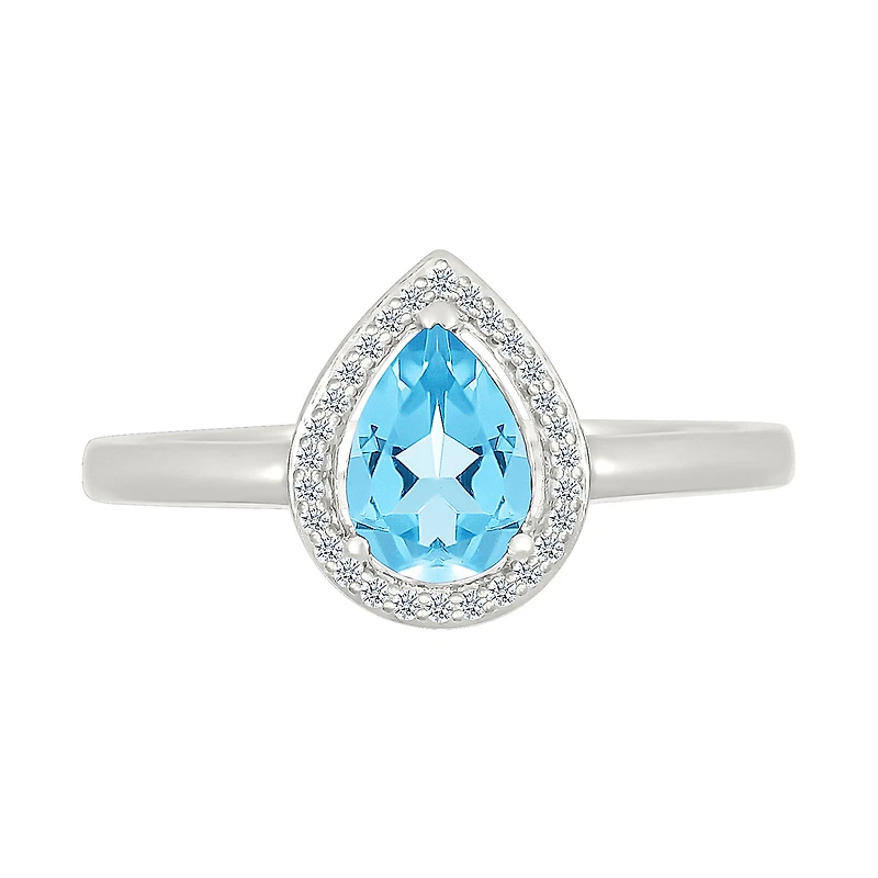 Bague en Argent Sterling avec Topaze Bleue Goutte et Halo de Diamants. Color: blanc | Doucet Latendresse