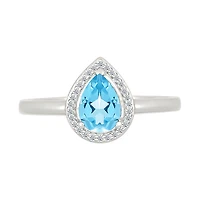 Bague en Argent Sterling avec Topaze Bleue Goutte et Halo de Diamants. Color: blanc | Doucet Latendresse