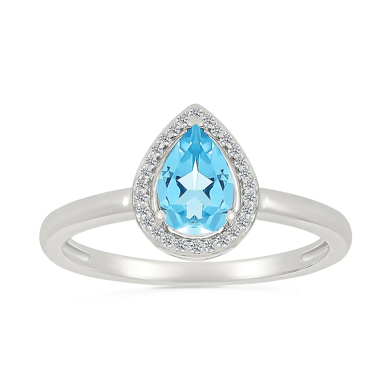 Bague en Argent Sterling avec Topaze Bleue Goutte et Halo de Diamants. Color: blanc | Doucet Latendresse