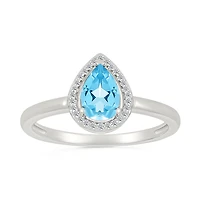 Bague en Argent Sterling avec Topaze Bleue Goutte et Halo de Diamants. Color: blanc | Doucet Latendresse