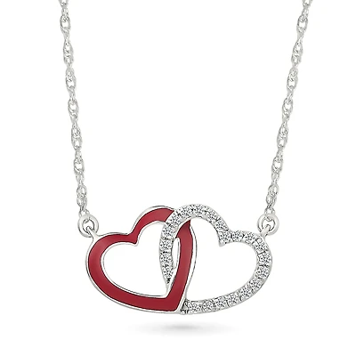 Collier en Argent Sterling avec Cœurs Entrelacés en Émail Rouge et Diamants. Color: rouge | Doucet Latendresse