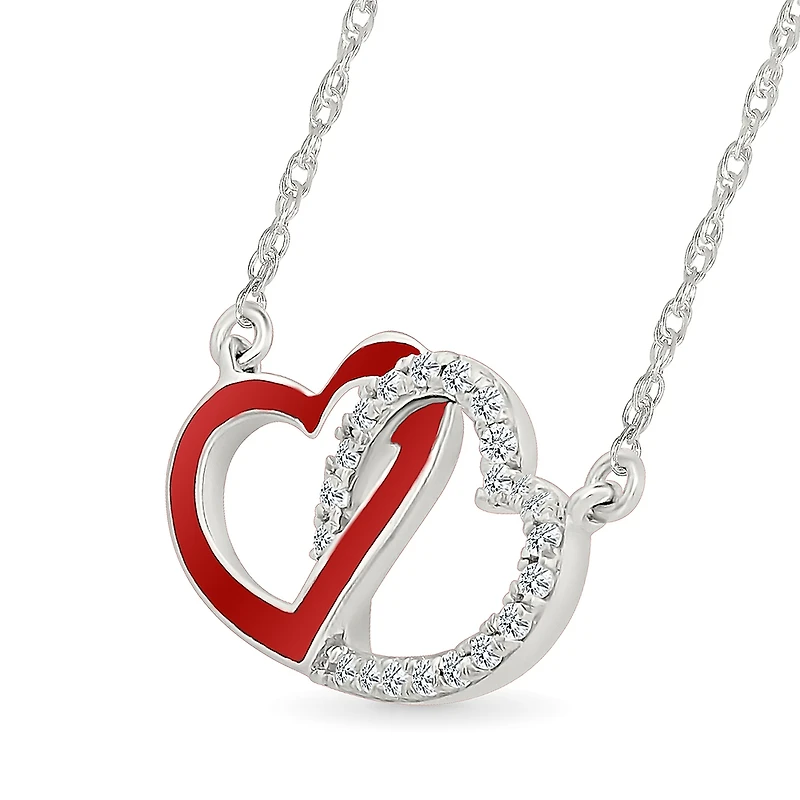 Collier en Argent Sterling avec Cœurs Entrelacés en Émail Rouge et Diamants. Color: rouge | Doucet Latendresse