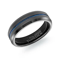 Bague pour Homme en Tungstène Noir avec Rainure Bleue et Fini Brossé | Doucet Latendresse