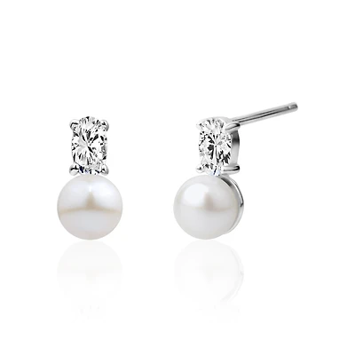 Sterling Silver Freshwater Pearl and Cubic Zirconia Stud Earrings. Color: silver | Doucet Latendresse