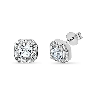 Sterling Silver Cubic Zirconia Octagon Stud Earrings. Color: white | Doucet Latendresse