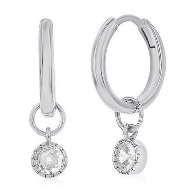Sterling Silver Hoop Earrings with Dangling Cubic Zirconia. Color: silver | Doucet Latendresse